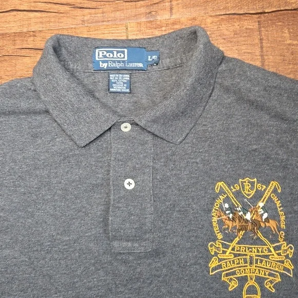 Vintage Polo Ralph Lauren Charcoal Polo Gold Crest 3 on Sleeve Y2K Cotton Large - Picture 3 of 6